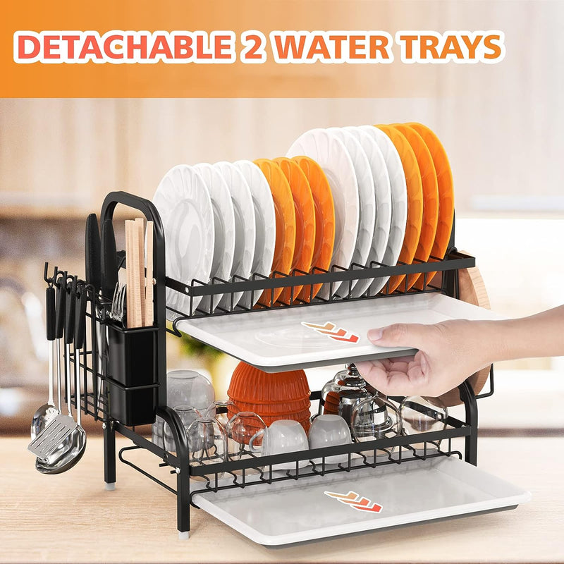 Load image into Gallery viewer, Dish Drying Rack, 2-Tier Dish Racks For Kitchen Counter, Sink Dish Drainer With Drainboard, Utensil Holder And Cutting Board Holder, Stainless Steel Kitchen Drying Rack-Black

