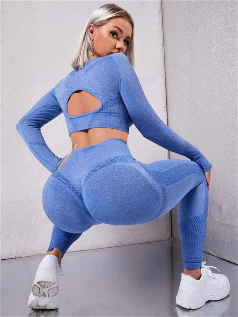Load image into Gallery viewer, 2pcs Sports Suits Long Sleeve Hollow Design Tops And Butt Lifting High Waist Seamless Fitness Leggings Sports Gym Sportswear Outfits Clothing
