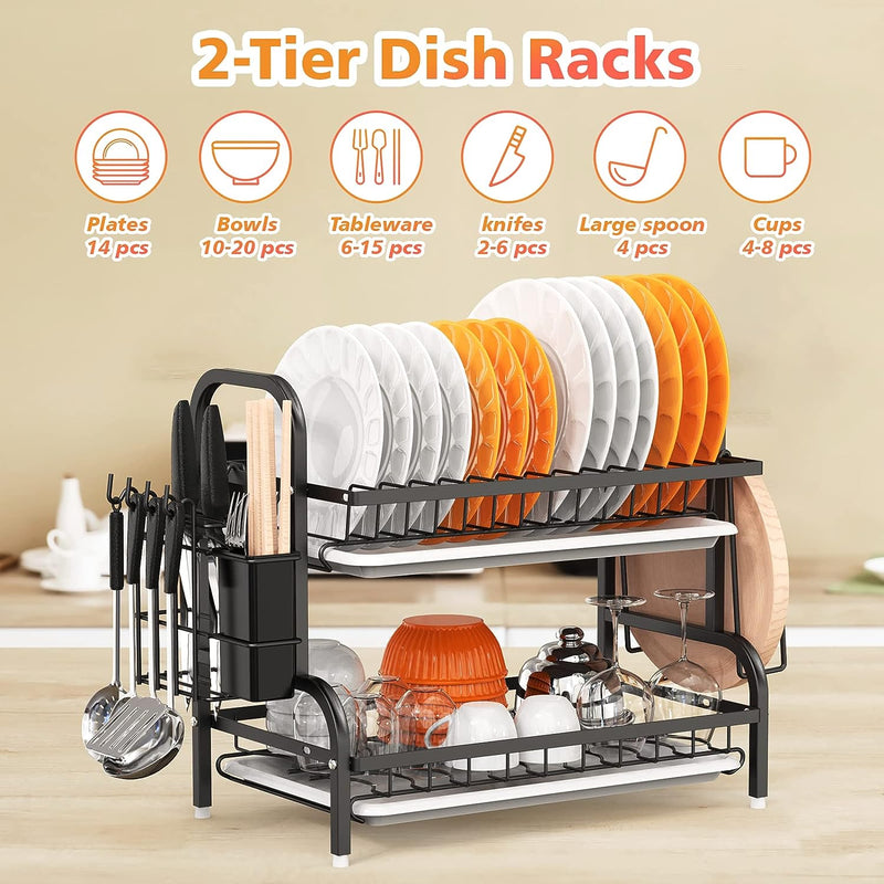 Load image into Gallery viewer, Dish Drying Rack, 2-Tier Dish Racks For Kitchen Counter, Sink Dish Drainer With Drainboard, Utensil Holder And Cutting Board Holder, Stainless Steel Kitchen Drying Rack-Black
