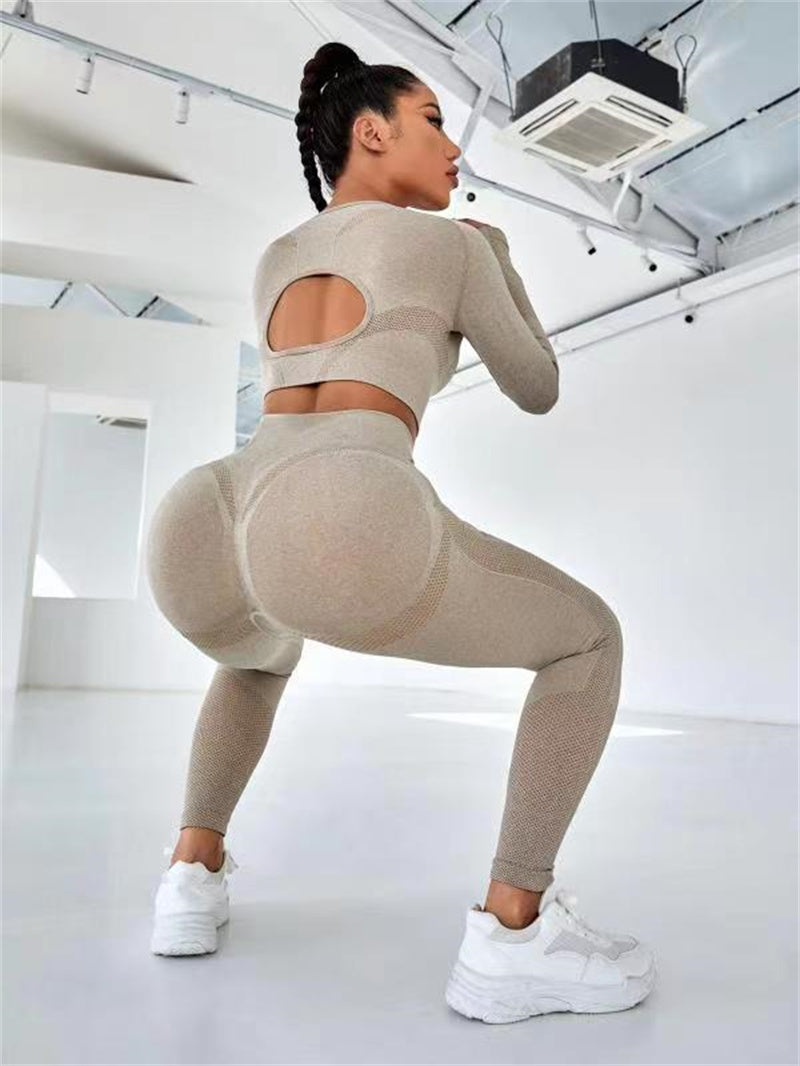 Load image into Gallery viewer, 2pcs Sports Suits Long Sleeve Hollow Design Tops And Butt Lifting High Waist Seamless Fitness Leggings Sports Gym Sportswear Outfits Clothing
